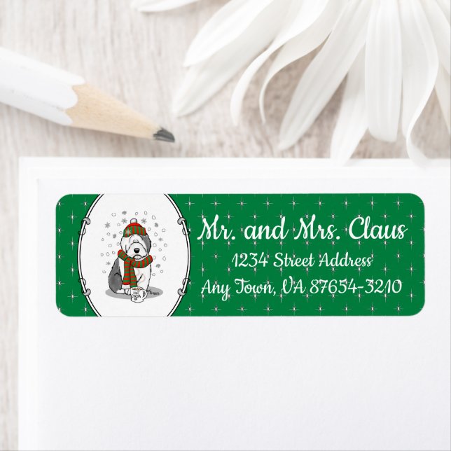 Étiquette Noël d'hiver Vieux anglais Chien de mouton gris 1  (En situation)