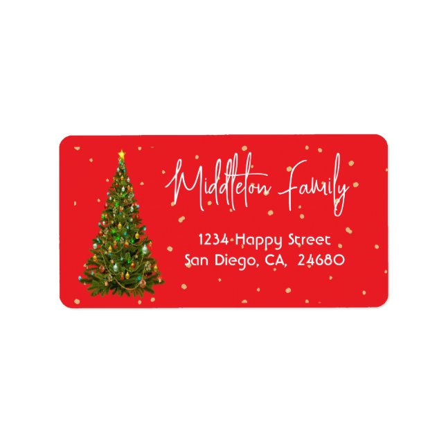 Étiquette Noël Elégant Arbre saisonnier Rouge Blanc Étiquett (Devant)