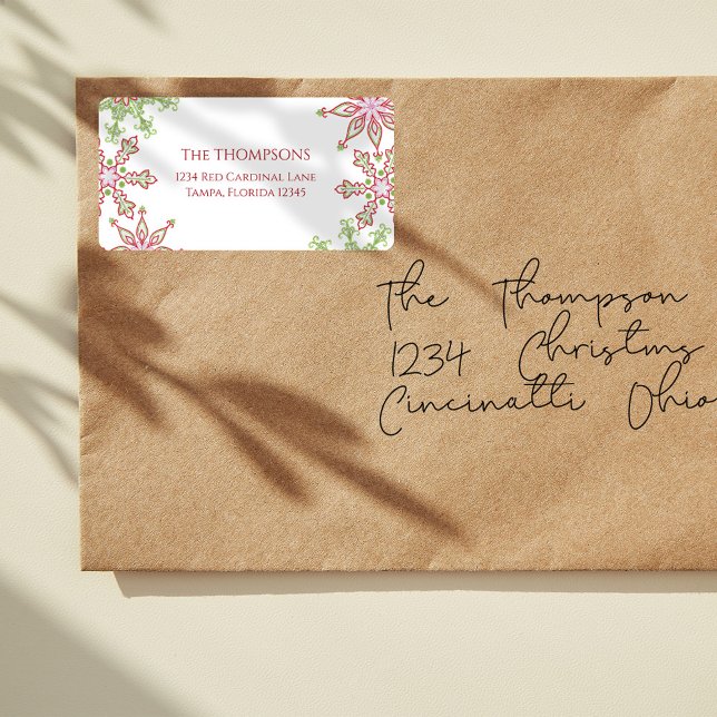 Étiquette Noël Fête Colorée Mignonne Flocon de neige hiver (Christmas colorful whimsical red and green snowflakes return address label. )