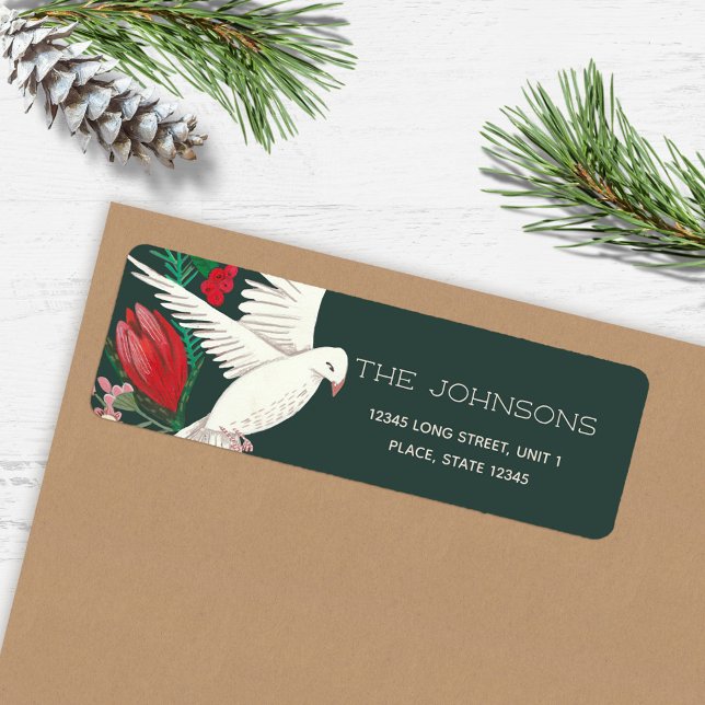 Étiquette Noël Floral Élégant Vert Colombe (Elegant Green Dove Floral Christmas Label)
