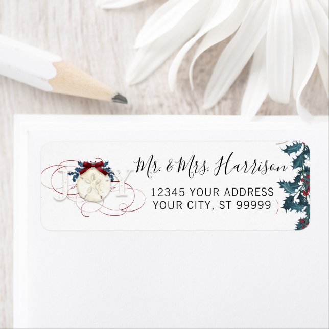 Étiquette Noël Joy Beach Sand Dollar Rouge Holly Script (En situation)