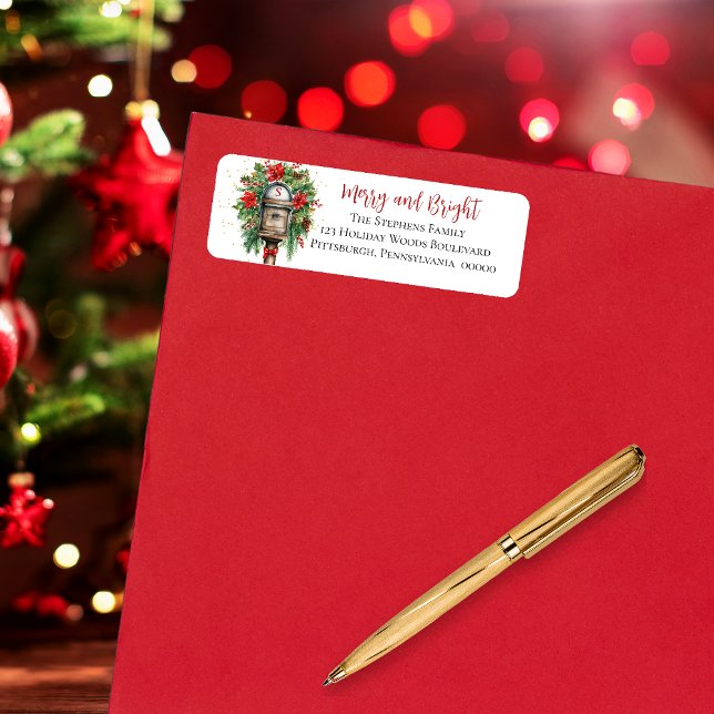 Étiquette Noël Joyeux et brillant boîte aux lettres Monogram (Elegant Christmas "Merry and Bright" Mailbox Poinsettia Floral Return Address Label)