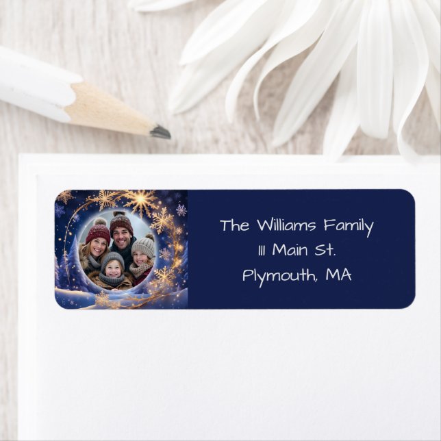 Étiquette Noël magique - flocons de neige dorés, photo (En situation)