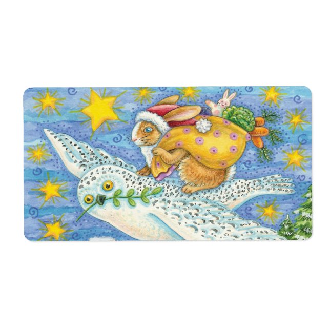 Étiquette Noël mignon avec lapin comme Père Noël sur Hibou (Devant)