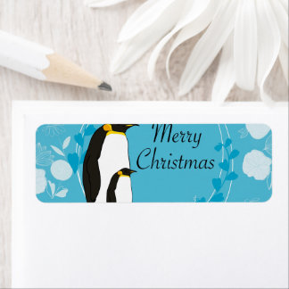Étiquette noël, noël, pingouin, fleurs, bleu,