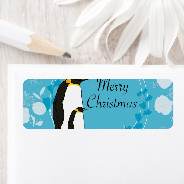 Étiquette noël, noël, pingouin, fleurs, bleu, (En situation)