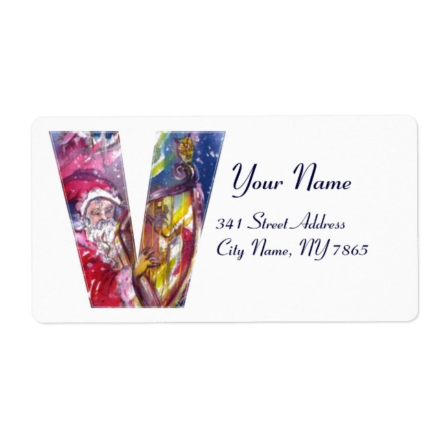 ÉTIQUETTE NOËL V LETTRE / PÈRE NOËL JOUER AU HARP (Devant)