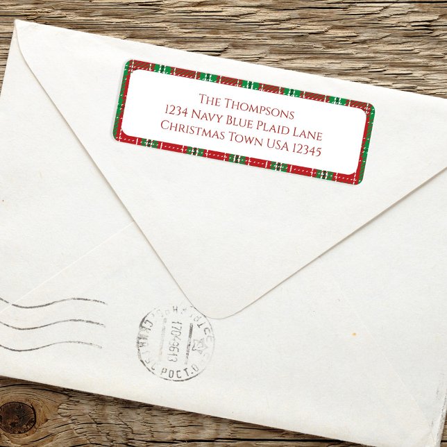 Étiquette Noël Vacances Simple Rouge Vert Festif Plaid (Christmas Holiday red and green plaid patterned return address label. )