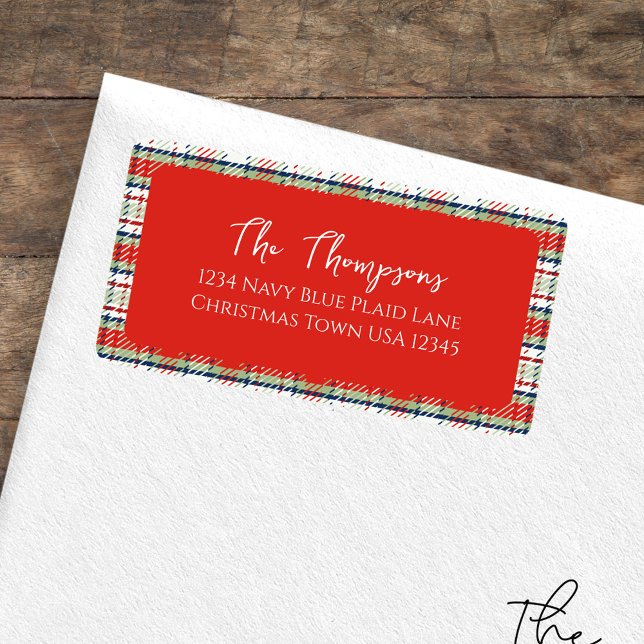 Étiquette Noël Vacances Simple Rouge Vert Plaid Motif (Christmas holiday red and green plaid pattern return address label. )