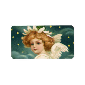 Étiquette Noël vintage, Ange victorien avec étoiles d'or