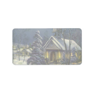 Étiquette Noël Vintage, Église d'hiver en Neige avec Lune