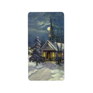 Étiquette Noël Vintage, Église d'hiver en Neige avec Lune