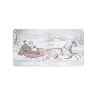 Étiquette Noël Vintage, La Route Hiver, Cheval Sleigh