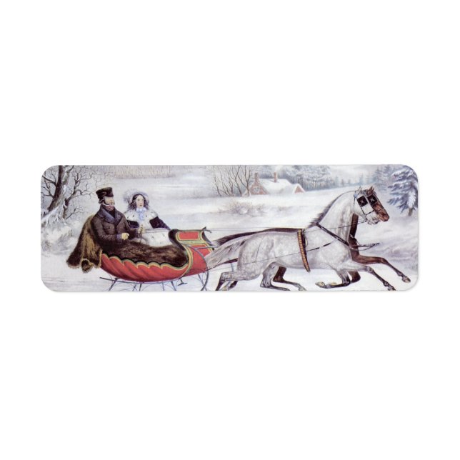 Étiquette Noël Vintage, La Route Hiver, Cheval Sleigh (Devant)