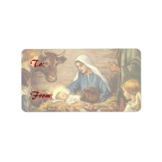 Étiquette Noël Vintage, Nativité Religieuse avec Bébé Jésus