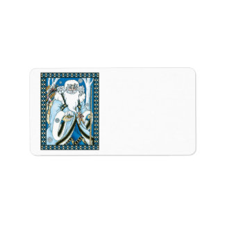 Étiquette Noël vintage, Père Noël bleu avec boule à neige