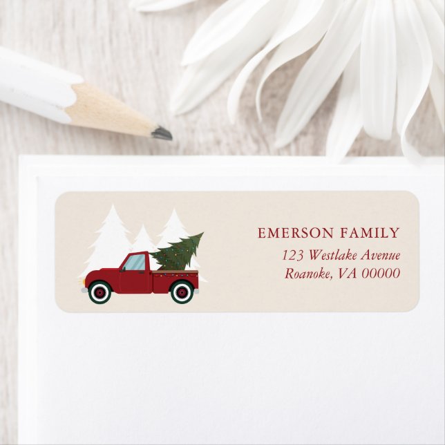 Étiquette Noël vintage Red Truck (En situation)