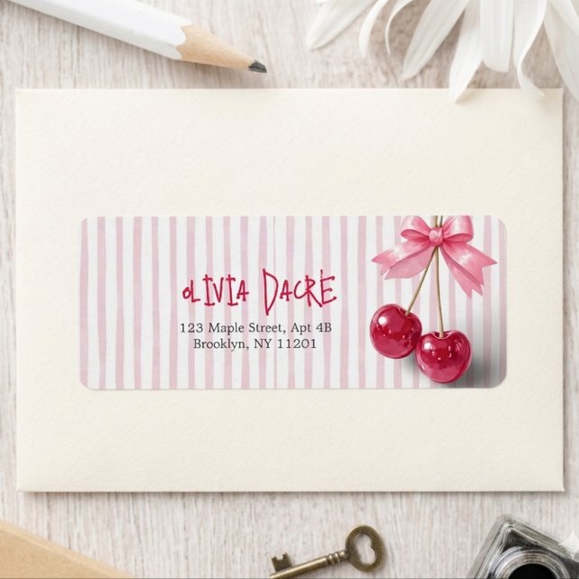 Étiquette Nœud Rose Cerise Rouge Été Rétro Douche (Créateur téléchargé)