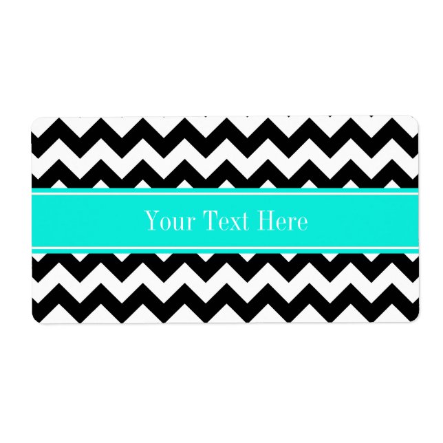 Étiquette Noir Blanc Chevron Zig Zag Brt Aqua Nom Monogramme (Devant)