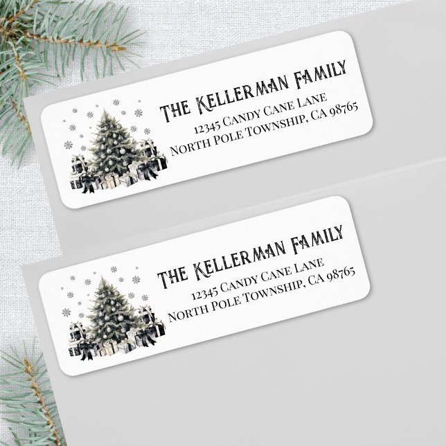 Étiquette Noir Blanc Élégant Adresse de Retour de Noël (Black White Elegant Christmas Return Address label )