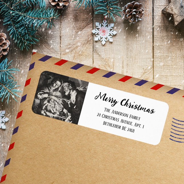 Étiquette Noir & Blanc Religieux Chrétien Saint Noël (Black & White Simple Script Religious Christian Catholic Nativity Christmas Return Address Label)