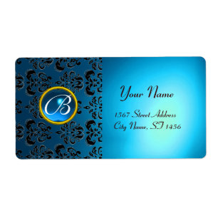 Étiquette NOIR BLEU DAMASK MONOGRAM, saphir turquase