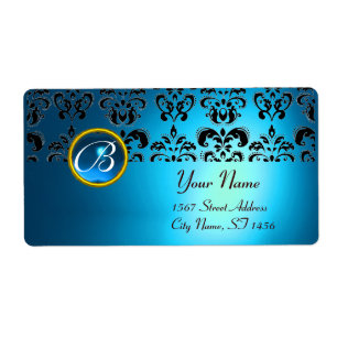 Étiquette NOIR BLEU DAMASK MONOGRAM, saphir turquase