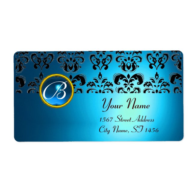Étiquette NOIR BLEU DAMASK MONOGRAM, saphir turquase (Devant)