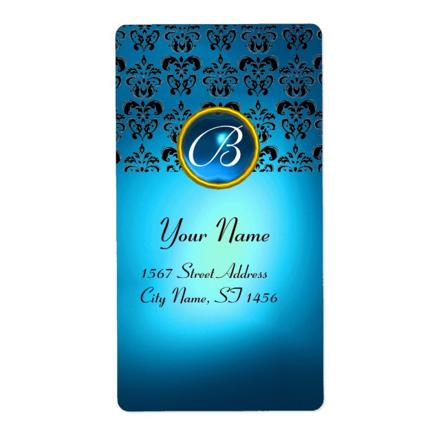 Étiquette NOIR BLEU DAMASK MONOGRAM, saphir turquase (Devant)