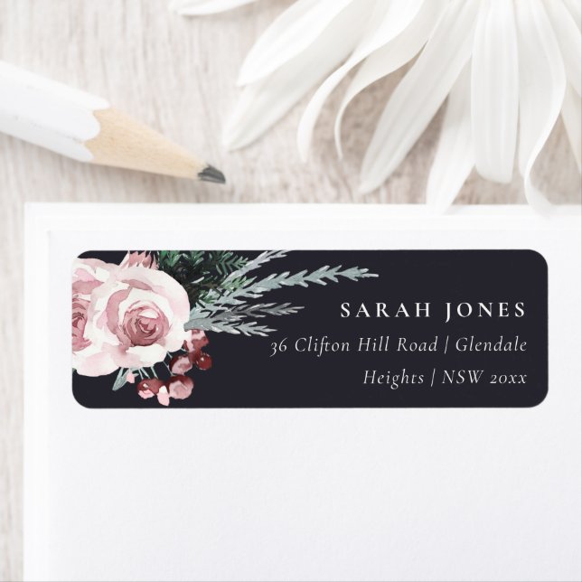 ÉTIQUETTE NOIR BLUSH ROSE HOLLY BERRY ADRESSE DU NOUVEL AN (En situation)