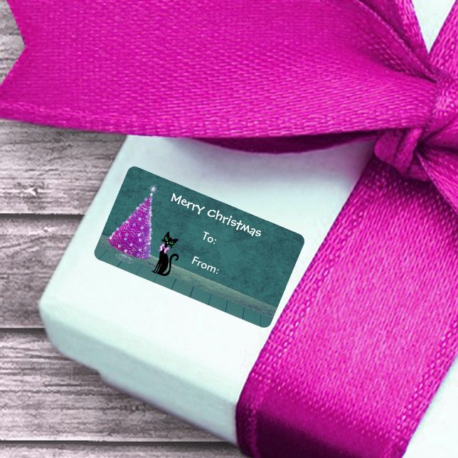 Étiquette Noir Chat rose argent Noël Arbre Turquoise (Pink silver tree cute black cat teal room on Christmas gift tag labels.)