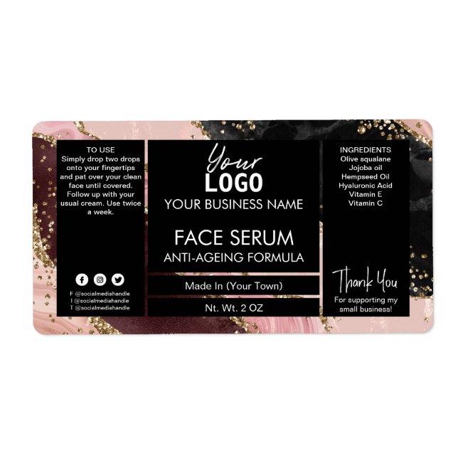 Étiquette Noir Et Rose Or Agate Face Et Hair Huile Serum (Devant)