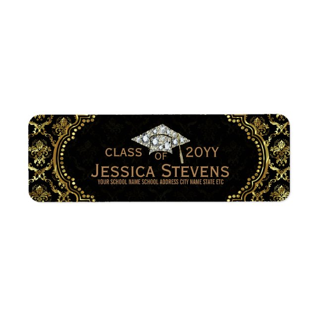 Étiquette Noir & Faux Or Damas & Parties scintillant Casquet (Devant)