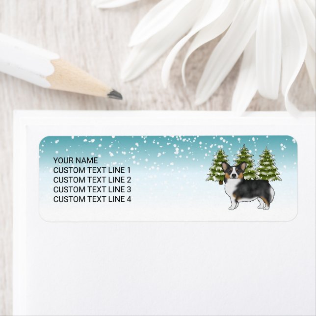 Étiquette Noir Tri Pembroke Corgi Bleu Noël d'hiver (En situation)