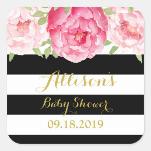 Étiquette noire Baby shower floral rose Favoriser