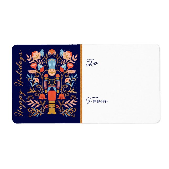 Étiquette Noisette de Noël Floral Folal Art Deep Blue (Devant)