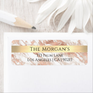 Étiquette Nom de famille Gold Band Blanc & Rose Gold Marble