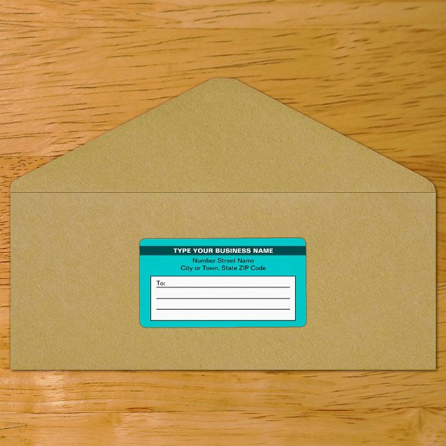 Étiquette Nom de marque en surbrillance sur l'expédition ver (Teal green shipping label with your highlighted brand on envelope)