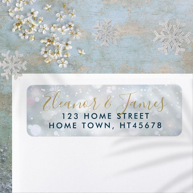 Étiquette Nom en écriture dorée Scène de neige hivernale Adr (Gold Script Name Winter Snow Scene Return Address Label)