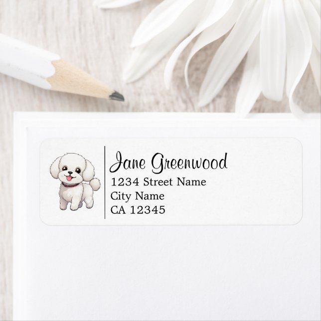 Étiquette Nom et adresse de chien Bichon frisé blanc mignon (En situation)
