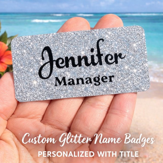 Étiquette nominative pailletée argentée avec éping (Personalized Silver Glitter Work Badge)