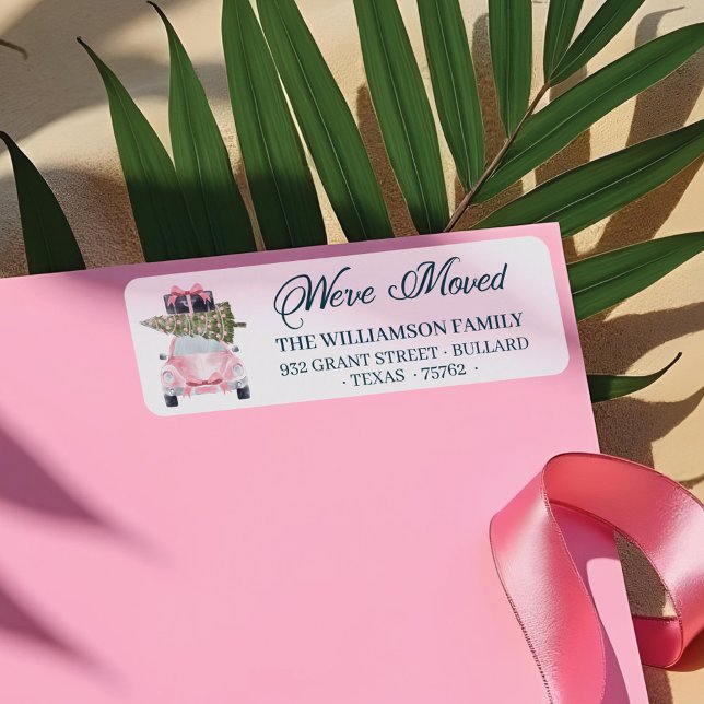 Étiquette Nous avons déménagé Pink Retro Voiture Arbre de No (We've Moved Pink Retro Car Christmas Tree Luggage Label)