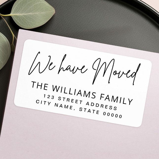 Étiquette Nous avons déplacé l'adresse de retour manuscrite  (We have moved handwritten script return address label)