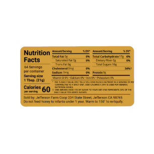 Étiquette Nouveau tableau de la valeur nutritive du miel Pro