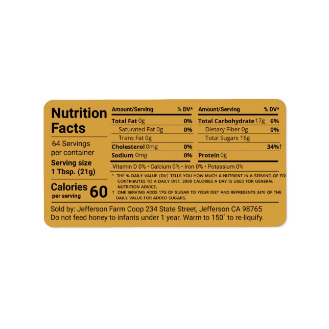 Étiquette Nouveau tableau de la valeur nutritive du miel Pro (Devant)