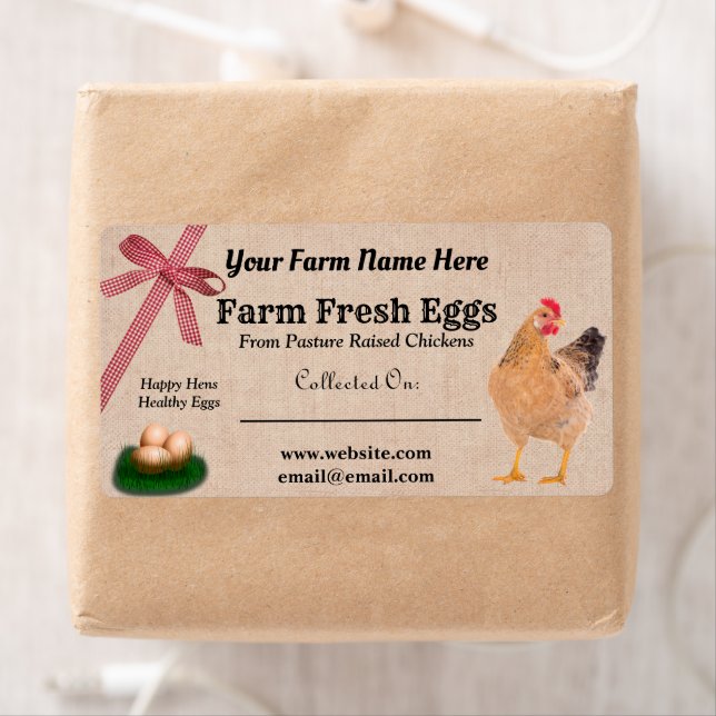 Étiquette Oeufs de poulet frais de la ferme de Burlap et de  (En situation)
