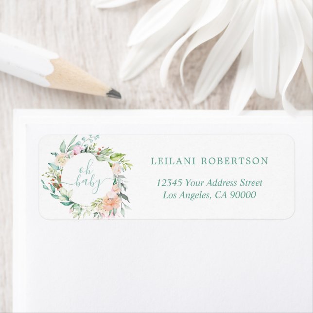 Étiquette Oh Baby Floral Aquarelle Pastel Wreath Mint (En situation)