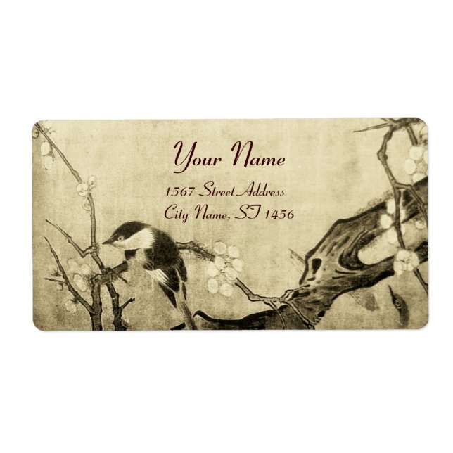 Étiquette OISEAU DE PRINTEMPS ET ARBRE FLEURS Sepia Brown (Devant)