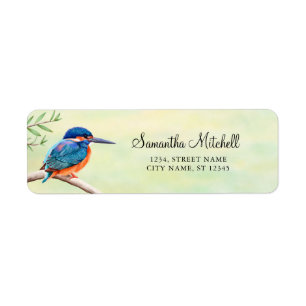 Étiquette Oiseau orange bleu d'aquarelle de martin-pêcheur