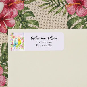 Étiquette Oiseaux d'amour à l'aquarelle avec fleurs roses